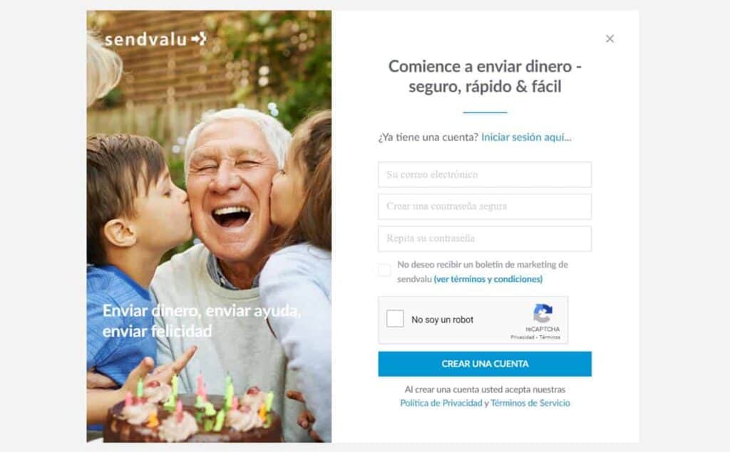 registrarse en sendvalu